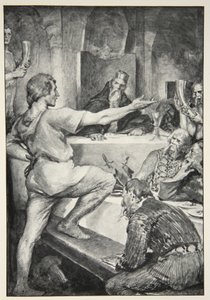 Beowulf svarar Hunferth högmodigt, från "Hero Myths and Legends of the British Race" av M.I. Ebbutt, 1910.