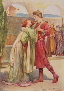 Posthumus och Imogen i Cymbeline från Childrens Stories från Shakespeare av Edith Nesbit (1858-1924) pub. av Raphael Tuck & Sons Ltd., London (bokillustration)