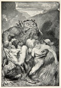 Ondskans Daemon, med sitt häftiga vresande, grep dem girigt, från "Hero Myths and Legends of the British Race" av M.I. Ebbutt, 1910