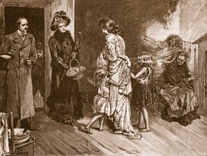 Väst möter öst: välbeställda besökare i ett slumområde, illustration från Cassell
