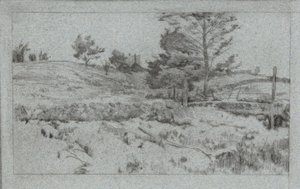 Landskap med stenmur (skiss av fält) av John Henry Twachtman
