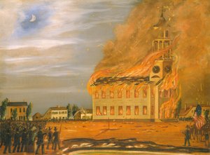 Bränning av Old South Church, Bath, Maine, ca 1854 (olja på duk) av John Hilling