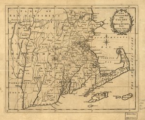 En ny och exakt karta över kolonin Massachusets Bay (dvs. Massachusetts) i Nordamerika, från en sen undersökning. LOC 2001620337 av John Hinton