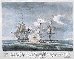 Fångst av H.B.M. Sloop of War FROLIC, 22 Guns, Capt. Whinyates Av U.S. Sloop of War WASP av John James (after) Barralet