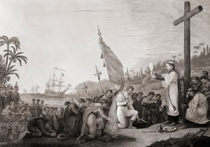 Columbus landar i den nya världen (gravyr) av John James (after) Barralet