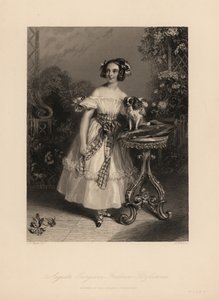 Augusta Georgina Frederica Fitzclarence, datter af Lord Frederic Fitzclarence, uægte søn af kong William IV. Hun bærer sit hår i ringlets og bånd, og bærer en off-the-shoulder kjole bundet med et skærf, holder en King Charles spaniel på en pude av John James (after) Chalon