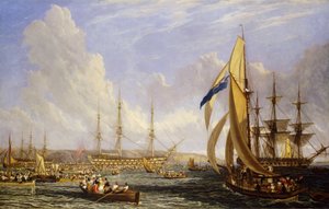 Sjöfartsscen framför Plymouth (England), i augusti 1815. Olja på duk av John James Chalon