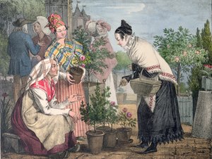 Blomstermarknaden, Paris, graverad av Charles Joseph Hullmandel (1789-1850), publicerad 1821