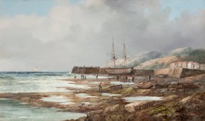 Untitled [Dockat segelfartyg med by i bakgrunden]