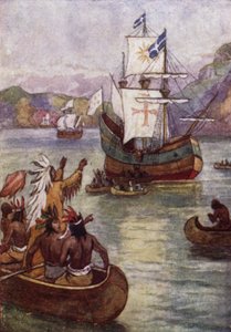Franske upptäcktsresanden Jacques Cartiers fartyg på St Lawrence River, Kanada