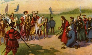 Kung Henry VIII och Catherine Howard anländer till York efter Pilgrimage of Grace 1541 (chromolitho)