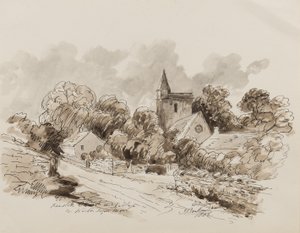 Kewstoke Church and Village, Weston Super Mare, Somerset, 1882 (penna, pensel och bläck på papper) av John Joseph Barker