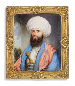 James Silk Buckingham (1786-1855), i vit skjorta med en ljusblå kappa, rosa broderad sjal runt axlarna och en vit turban med en dolk infäst i hans cummerbund, landskapsbakgrund med en moské av John Jukes