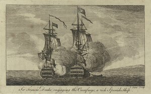 Sir Francis Drake i kontakt med "Cacafuego", ett rikt spanskt fartyg