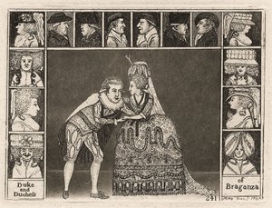 Mary Ann Yates och Laurence Clinch spelar hertigen och hertiginnan av Braganza i Braganza omgiven av publiken. 1785 av John Kay