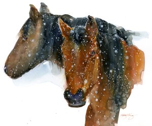 Hästar på vintern, 2015, (akvarell) av John Keeling