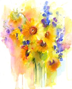 Solrosor och delphinium, 2016, (akvarell)
