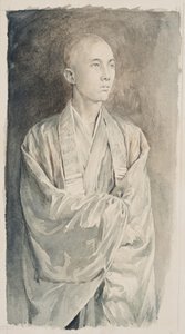 Porträtt av en präst vid Temple of Lyemitsu, Nikko, ca 1888 (sepiatvätt på papper)