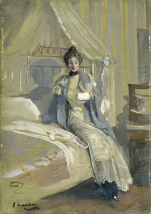 The Letter (olja på mönstrad kartong) av John Lavery