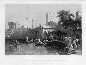 En landningsplats i en liten hamn på Rhodos, Grekland, 1841.
