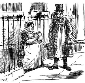 En tecknad serie som kommenterade att urvattningen av mjölk nådde sådana proportioner att det måste införas lagstiftning för att kontrollera det. Illustrerad av John Leech (1817-1864), en engelsk karikatyrtecknare och illustratör av John Leech