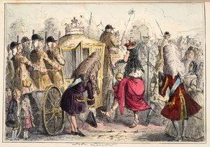 Georget Porgey den första Går ut på en tur i sin State Coachy Pachy, från The Comic History of England, pub. 1864 (handfärgad etsning) av John Leech