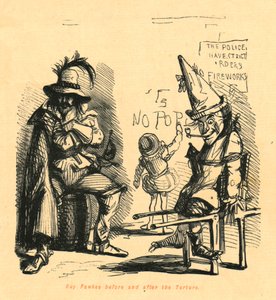 Guy Fawkes före och efter tortyren, 1897.