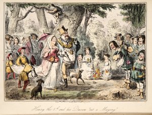 Henry VIII och hans drottning Out-a-Maying, från The Comic History of England, pub. 1864 (handfärgad etsning)