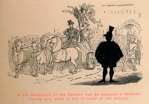 I förgrunden av tablån kan man observera en patricier som ser väldigt svart ut vid triumfen av t av John Leech