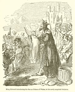 Kung Edward presenterar sin son som prins av Wales, för sina nyförvärvade ämnen av John Leech