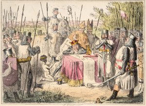 King John Signing Magna Carta, från The Comic History of England, pub. 1864 (handfärgad etsning)