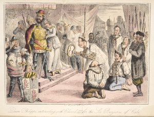 Drottning Philippa går i förbön med Edward III, för de sex burgarna i Calais, från The Comic History of England, pub. 1864 (handfärgad etsning)