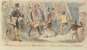 Mottagning av bilder på Royal Academy - Arrival of the Portrait of a Gentleman, 1846 (penna & bläck och wc) av John Leech
