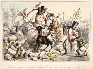 Fantastisk strid mellan Richard Coeur de Lion och Saladin från The Comic History of England, pub. 1864 (handfärgad etsning)