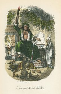 Julklappens spöke dyker upp för Scrooge. Illustration av John Leech (1817-64) för Charles Dickens A Christmas Carol, London 1843-1834.
