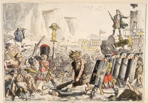 The Landing of Julius Caesar från The Comic History of England, pub. 1864 (handfärgad etsning) av John Leech