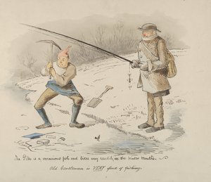 Gäddan är en glupsk fisk och biter lätt under vintermånaderna - Old Gentleman..., 1830-64. av John Leech