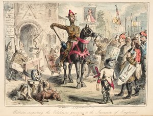 Vilhelm Erövraren inspekterar volontärerna före invasionen av England, från The Comic History of England, pub. 1864 (handfärgad etsning)