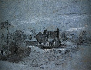 En stuga i ett skogslandskap (vita och svarta krita på blått papper) av John Linnell