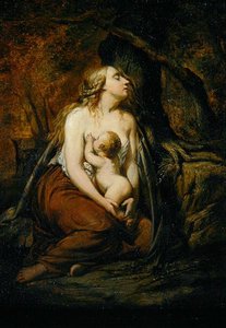 Mor och barn (olja på duk) av John Linnell