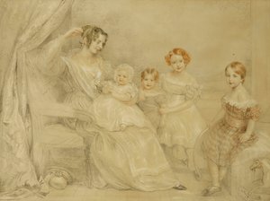 Porträtt av fru W.S. Fry och hennes fyra barn: Emma, Willy, Julie och Georgina, sittande i en interiör, 1840 av John Linnell