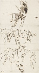 Studies of Horses, Men and Carriages, 1811 (penna och brunt bläck på papper) av John Linnell