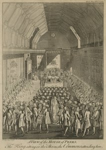 En vy av House of Peers med kungen sittande på tronen, allmänningen deltar i honom av John Lodge