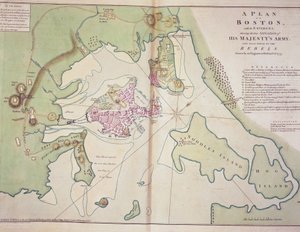 Plan över Boston och dess omgivningar som visar positionen för de brittiska styrkorna och de amerikanska rebellstyrkorna, ritad oktober 1775, tryckt i 