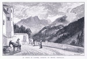 I Pieve Di Cadore, tittar på Monte Cristallo, från The Magazine of Art 1893, Cassell and Company av John MacWhirter