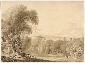 Figurer som sitter vid en sjö i ett skogslandskap av John Martin