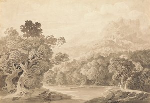 Forested River Bank, Hill Town och bergstoppar på avstånd av John Martin