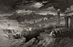 Marcus Curtius rider in i avgrunden, graverad av H. Le Keux av John Martin