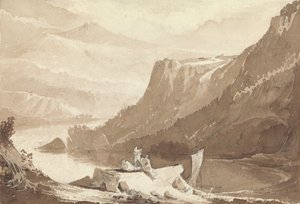 Bergslandskap med figurer och en klippa ovanför en sjö av John Martin