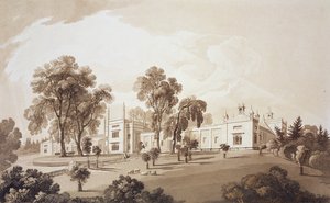 Vy över Farm House med skärm till stall och gårdsbyggnader till Sezincote House, graverad av Frederick Christian Lewis Snr. (1779-1856), ca 1817-18 (sepiaakvatint) av John Martin